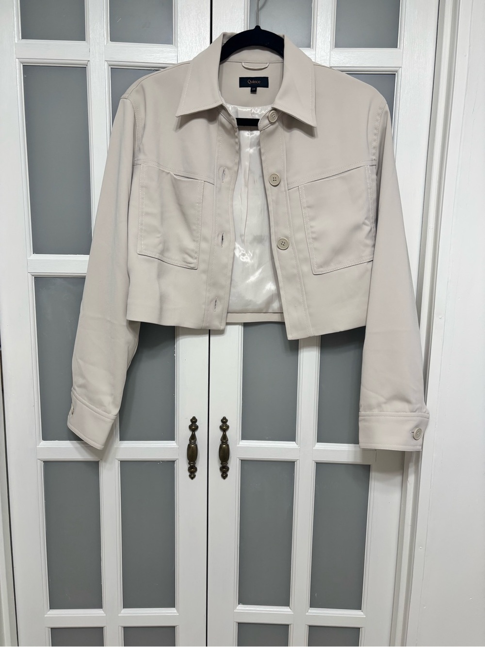 Quince Stretch Crepe Cropped Jacket Women’s XS Sand Beige Button Front